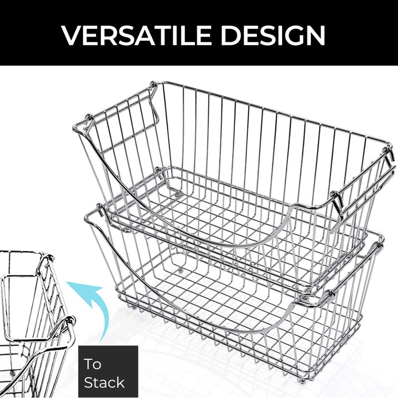 Smart Design Stacking Baskets Organizer w/ Handle - Medium - Steel - for Food, Fruit, & Vegetable Safe - Kitchen (12.63 x 5.5 Inch) [Chrome] (2 Pack) - Image 4